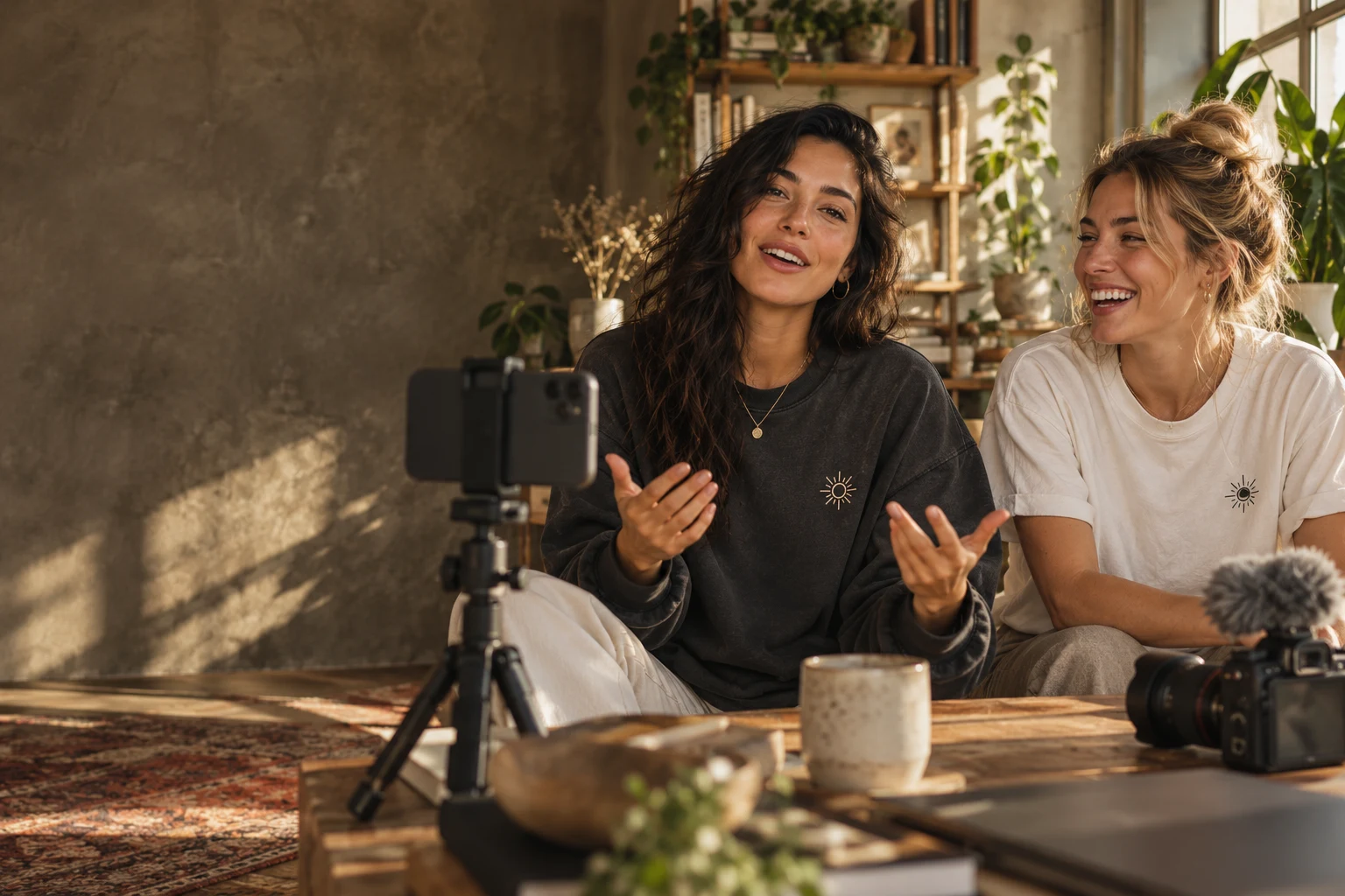 creators recording content together in their own merchandise